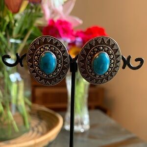Sterling Silver Earrings Turquoise Stone Round Ornate Vintage Stamped 925